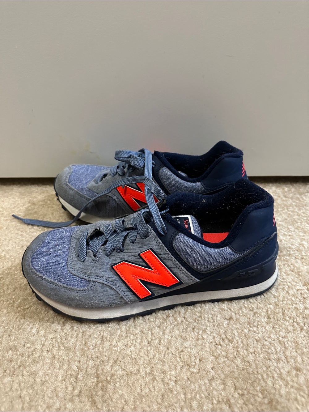 New Balance Women's Navy and Gray Sneakers with Bright Red Logo